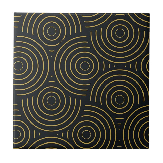 Art Deco Golden Overlapping Circles on Black  Ceramic Tile (Front)