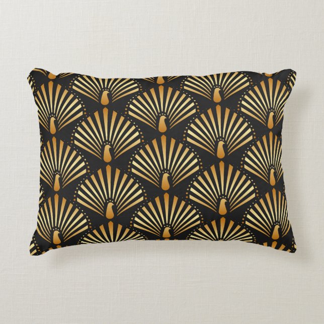 Art deco golden peacock pattern decorative cushion (Front)