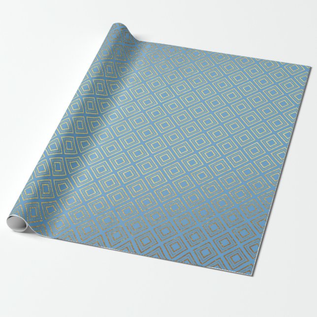 Art Deco Golden Squares Blue Geometric Vip Wrapping Paper (Unrolled)
