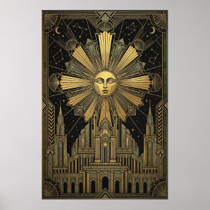 Art Deco Golden Sun Face Palace Poster   Celestial