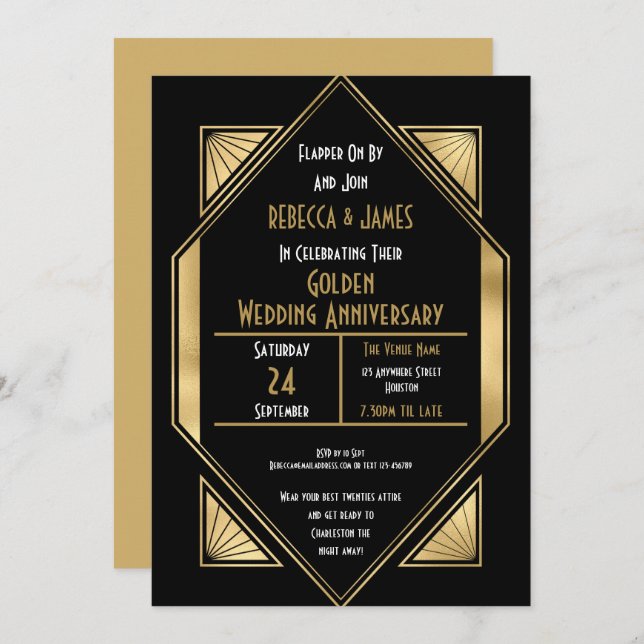 Art Deco Golden Wedding Anniversary Invitation (Front/Back)