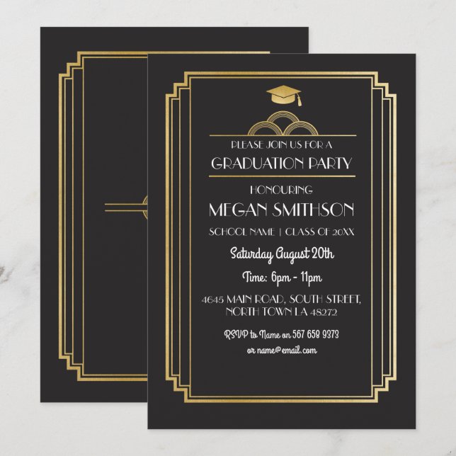 Art Deco Graduation Party Invite Gold 1920s Gatsby (Front/Back)