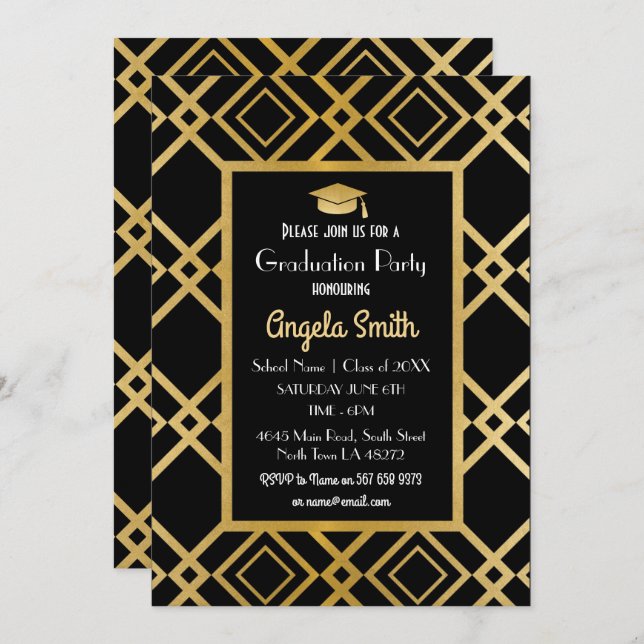 Art Deco Graduation Party Invite Gold Black 1920s (Front/Back)