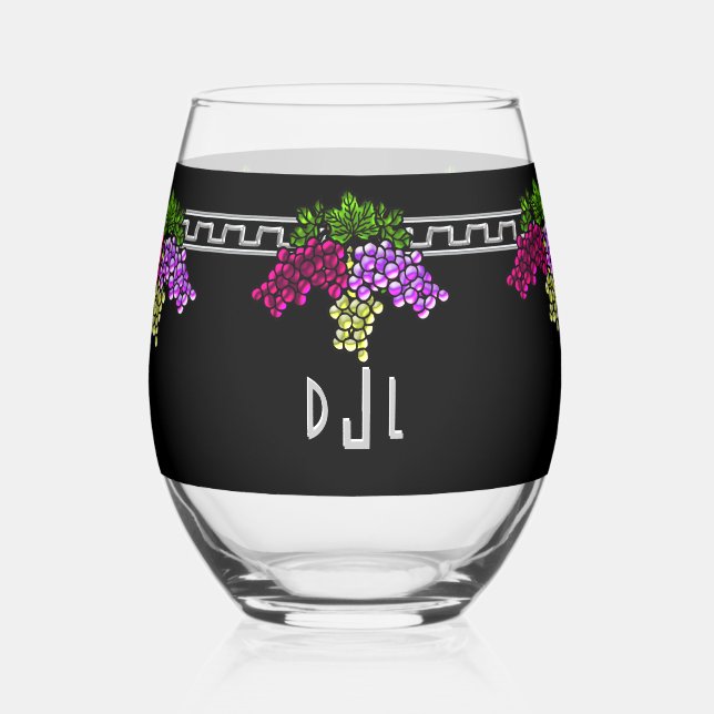Art Deco Grapes - Black,Silver,Violet Monogrammed Stemless Wine Glass (Front)