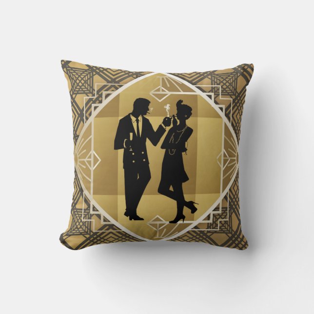 Art Deco Great Gatsby Black Gold Flapper Couple Cushion (Front)