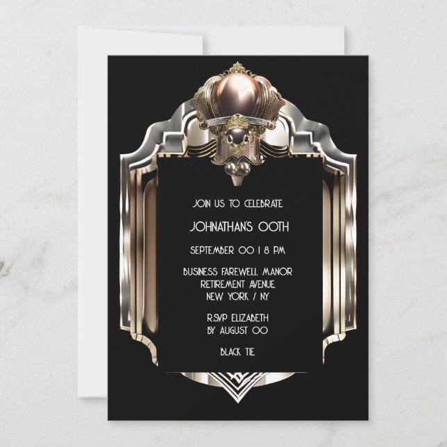 Art deco great gatsby black rose gold metal look invitation (Front)