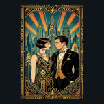 Art Deco Great Gatsby Couple City Skyline Poster<br><div class="desc">Transport yourself to the roaring twenties with this elegant Art Deco portrait of a sophisticated couple. Featuring a flapper girl in a geometric beaded dress and a man in a sharp tuxedo, they are framed against a stunning stylised city skyline bathed in golden hour light. With a rich teal and...</div>