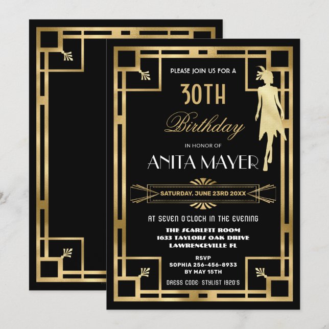 Art Deco Great Gatsby Roaring 20s Birthday ANY AGE Invitation (Front/Back)