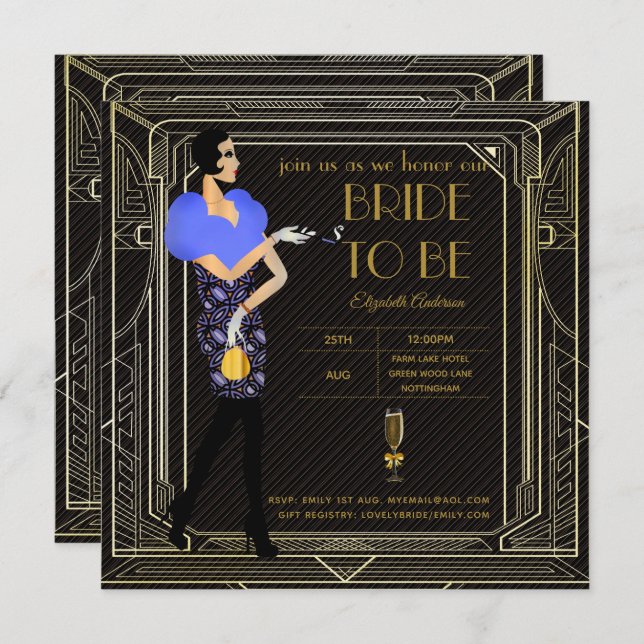 Art Deco Great Gatsby Roaring 20s Bridal Shower Bl Invitation (Front/Back)