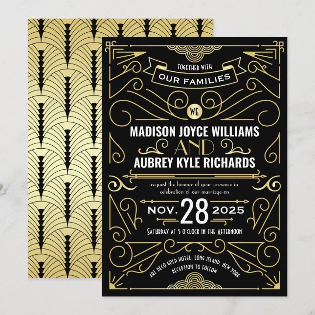 Art Deco Great Gatsby Wedding Elegant Gold Black Invitation (Front/Back)