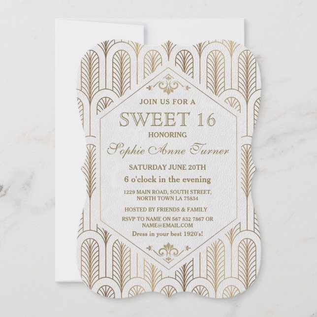 Art Deco Great Gatsby White Gold SWEET 16 Invitation (Front)