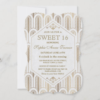 Art Deco Great Gatsby White Gold SWEET 16 Invitation