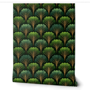 Art Deco Green and Gold Palm Leaves Wallpaper