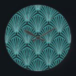 Art Deco: green fan pattern. Large Clock<br><div class="desc">Art Deco Style Decorative Pattern With Green Fan Shaped Motifs. Vintage Art Deco Repeat Patten Design Witch Arched Black And Green Stripes Art Deco glamour in green fan motifs. Black & green stripes frame vintage elegance. Art Deco elegance with green fan motifs. Classic charm in a modern context. seamless, vintage,...</div>