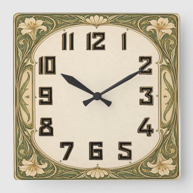 Art Deco Green Floral Square Wall Clock (Front)