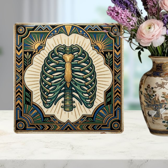 Art Deco Green Ribcage Skeleton Anatomical Ceramic Tile (Creator Uploaded)