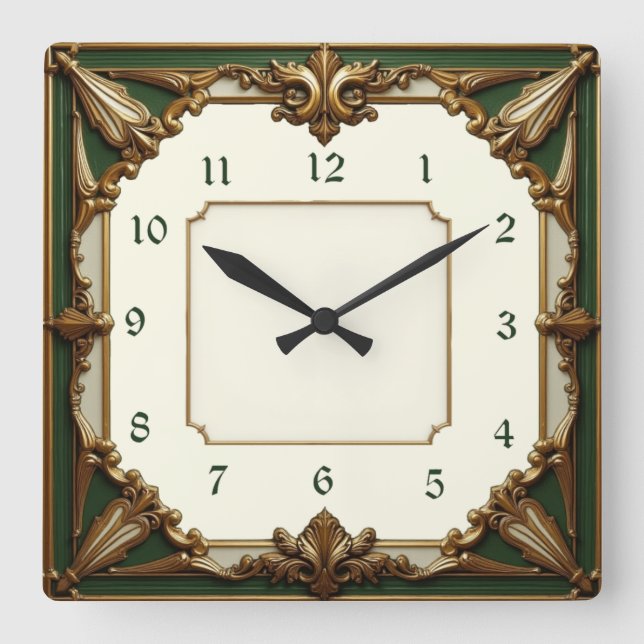 Art Deco Green Square Wall Clock (Front)