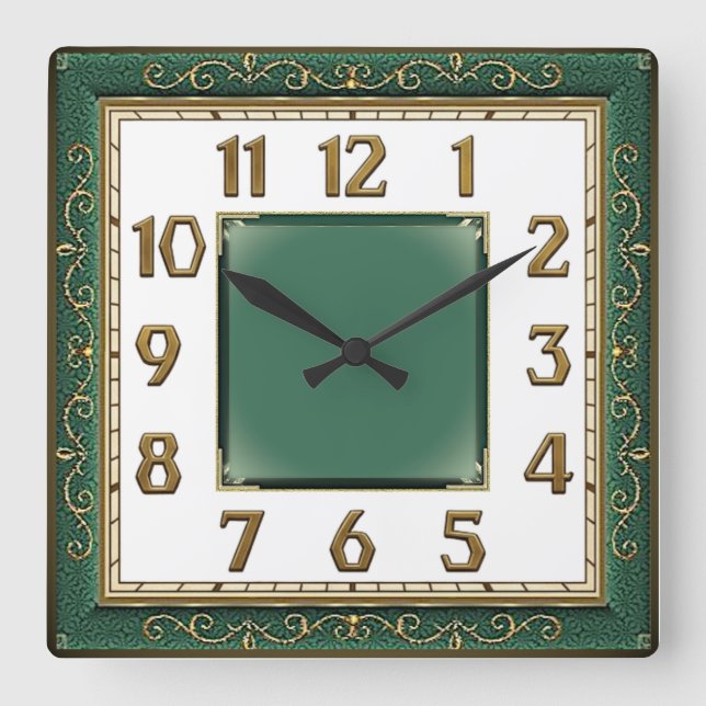 Art Deco Green Square Wall Clock (Front)