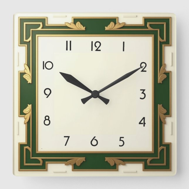 Art Deco Green Square Wall Clock (Front)