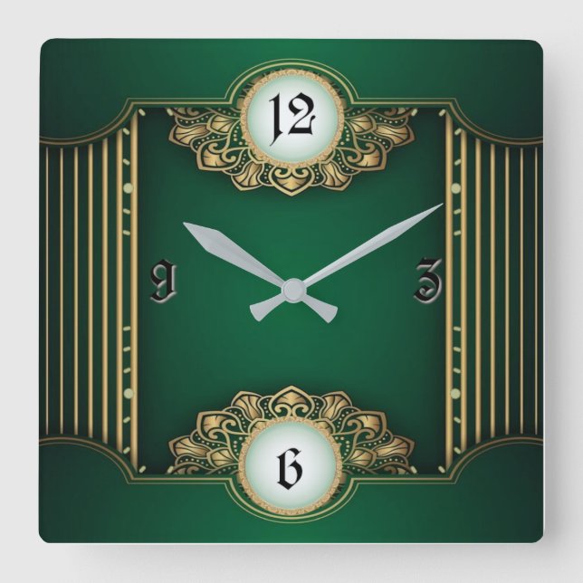 Art Deco Green Square Wall Clock (Front)