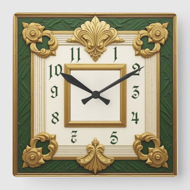 Art Deco Green Square Wall Clock (Front)