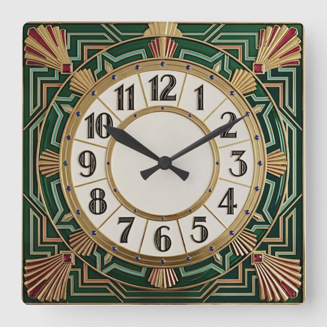 Art Deco Green Square Wall Clock (Front)