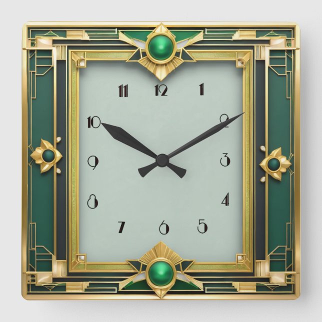 Art Deco Green Square Wall Clock (Front)