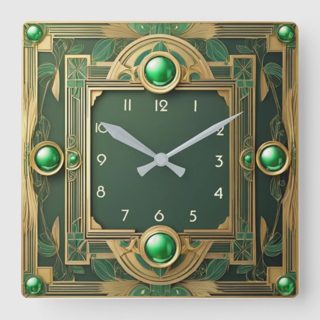 Art Deco Green Square Wall Clock (Front)