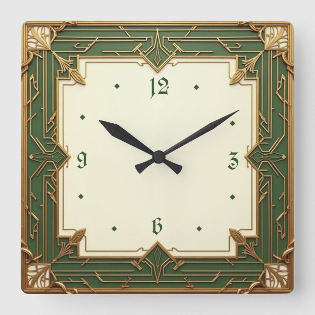 Art Deco Green Square Wall Clock (Front)