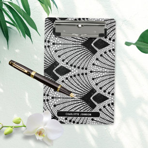 Art Deco Grey Black White Retro Peacock Pattern Mini Clipboard