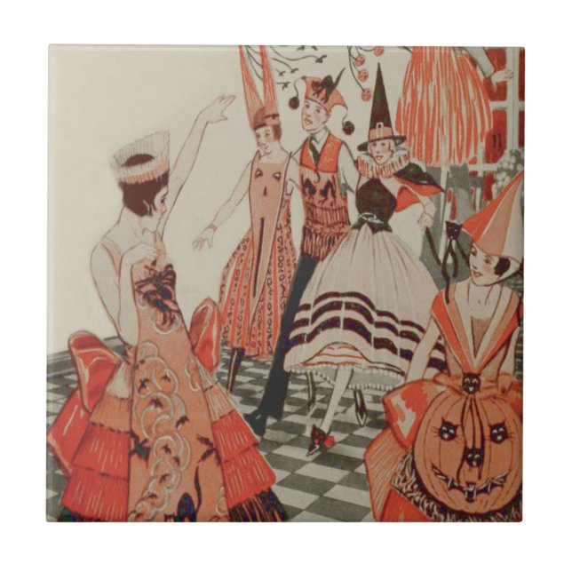 Art Deco Halloween Party Black Cat Pumpkin Ceramic Tile (Front)