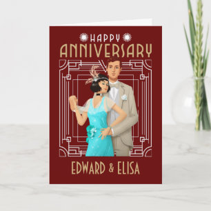 Art Deco Happy Anniversary Names Any Year Burgundy Card
