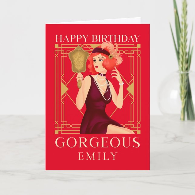 Art Deco Happy Birthday Gorgeous Lady Mirror Red Card (Front)