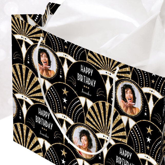 Art Deco Happy Birthday Photo Elegant Black Gold Large Gift Bag (Creator Uploaded)