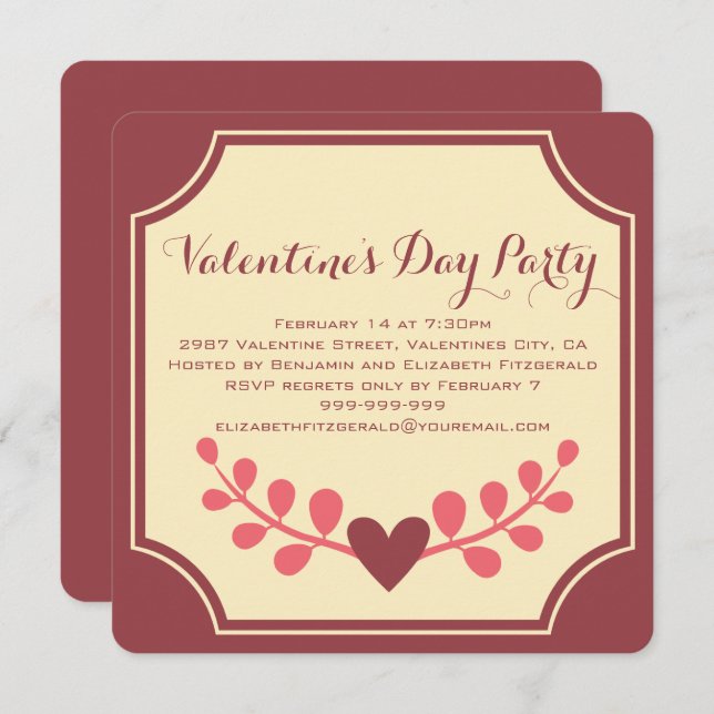 Art Deco Heart Flourish Valentines Party Invitation (Front/Back)