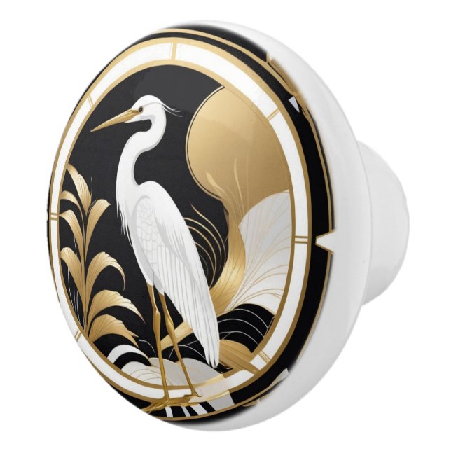 Art Deco Heron Bird Black White Gold Ceramic Knob (Right)