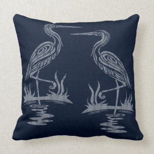 Art Deco Herons - Grey on Navy Blue Cushion
