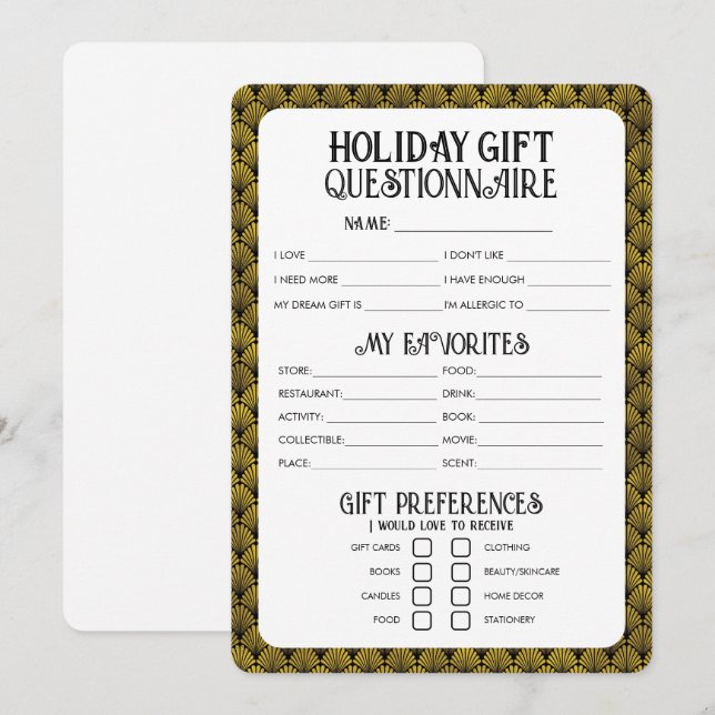 Art Deco Holiday Gift Questionnaire Card (Front/Back)
