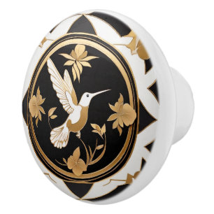Art Deco Hummingbird Bird Black White Gold Ceramic Knob
