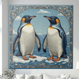 Art Deco Ice Birds Penguin Couple Snow Blue Ocean  Ceramic Tile
