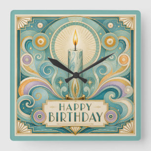 Art Deco Illuminated Candle Birthday Square Wall Clock