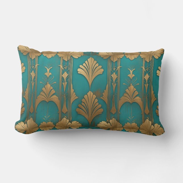 Art Deco In Blue And Gold Lumbar Cushion (Front)