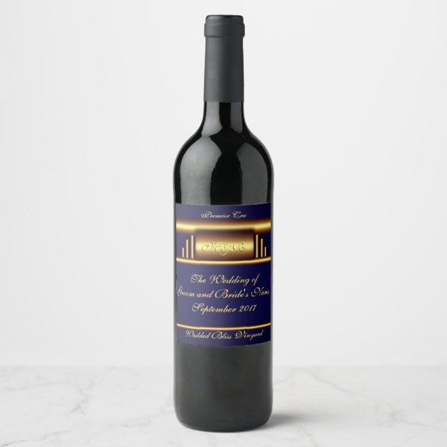 Art Deco in gold and navy blue Wine Label (Front)