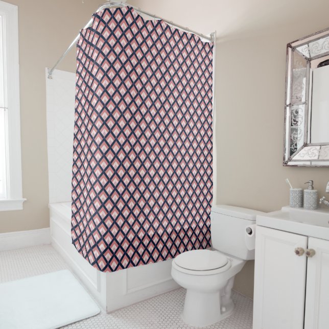 Art Deco in Navy Blue and Pink Shower Curtain (In Situ)