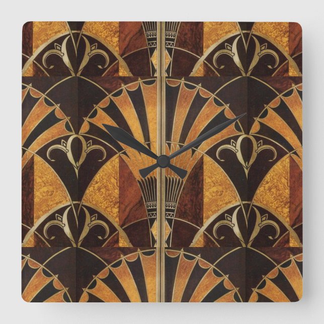 ART DECO INLAID WOODWORK  SQUARE WALL CLOCK (Front)