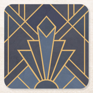 Art Deco inspiration in blue and gold Square Paper Coaster