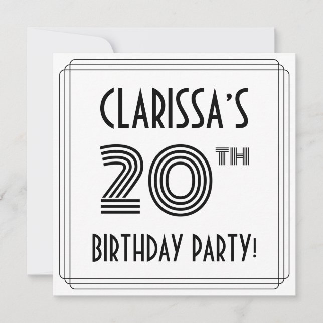 Art Deco Inspired 20th Birthday Party, Custom Name Invitation (Front)