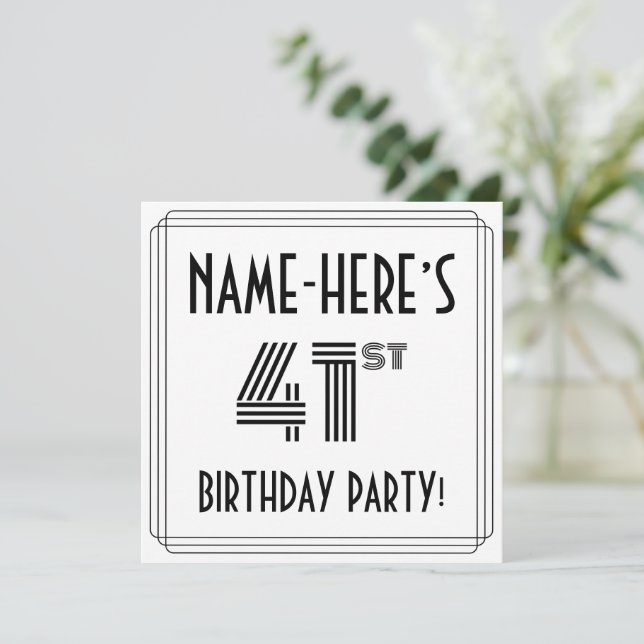 Art Deco Inspired 41st Birthday Party, Custom Name Invitation (Standing Front)