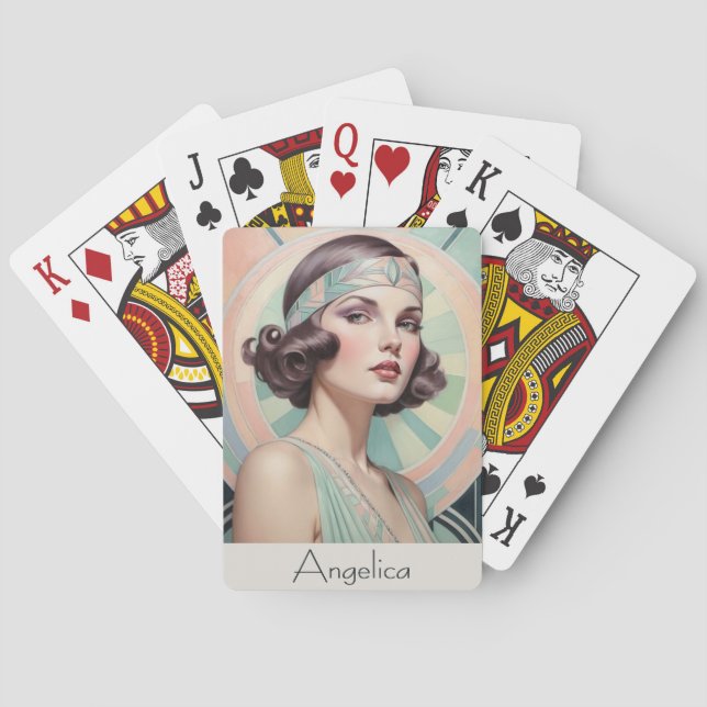 Art Deco Inspired Portrait Woman Lady Custom Playing Cards (Back)
