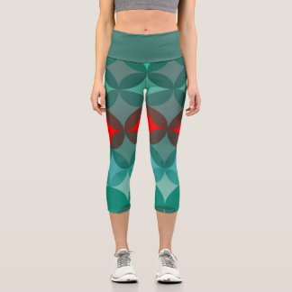 art deco inspired teal & red abstract capri leggings